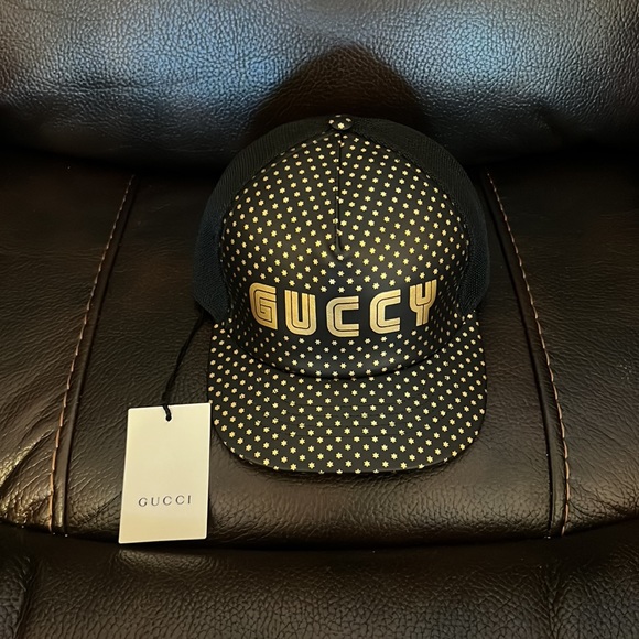 GUCCI X SEGA unisex Calfskin leather “GUCCY” Stars Baseball Hat Cap Black Gold - Picture 7 of 11